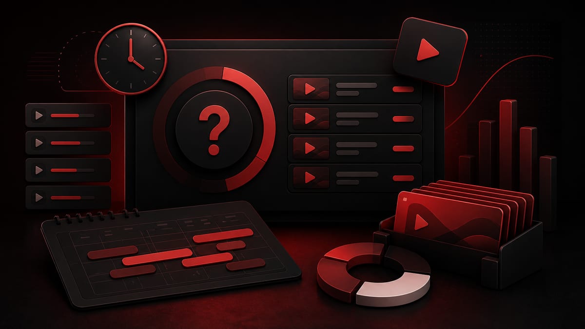 Ilustrace plánovače délky playlistu YouTube s řádky videí, hodinami a bloky času sledování