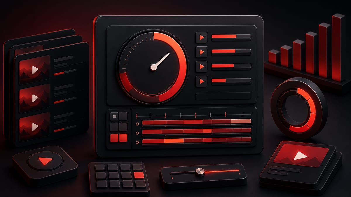 Illustrazione scura e rossa di un calcolatore di durata playlist con righe video, timer e schede di pianificazione