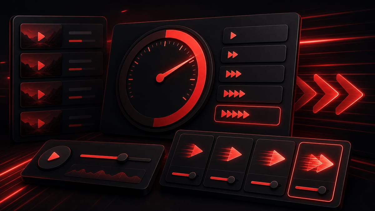 Illustrazione calcolatore velocità playlist YouTube con schede di velocità, righe video e timer